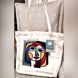 NEW Page & Petal Embroidered Artistic Face Design White Tote Bag. 15"x13"
